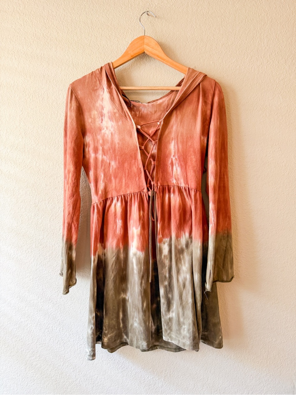 Earthbound Tie-Dye Lace-Up Hooded Babydoll Cardigan XL